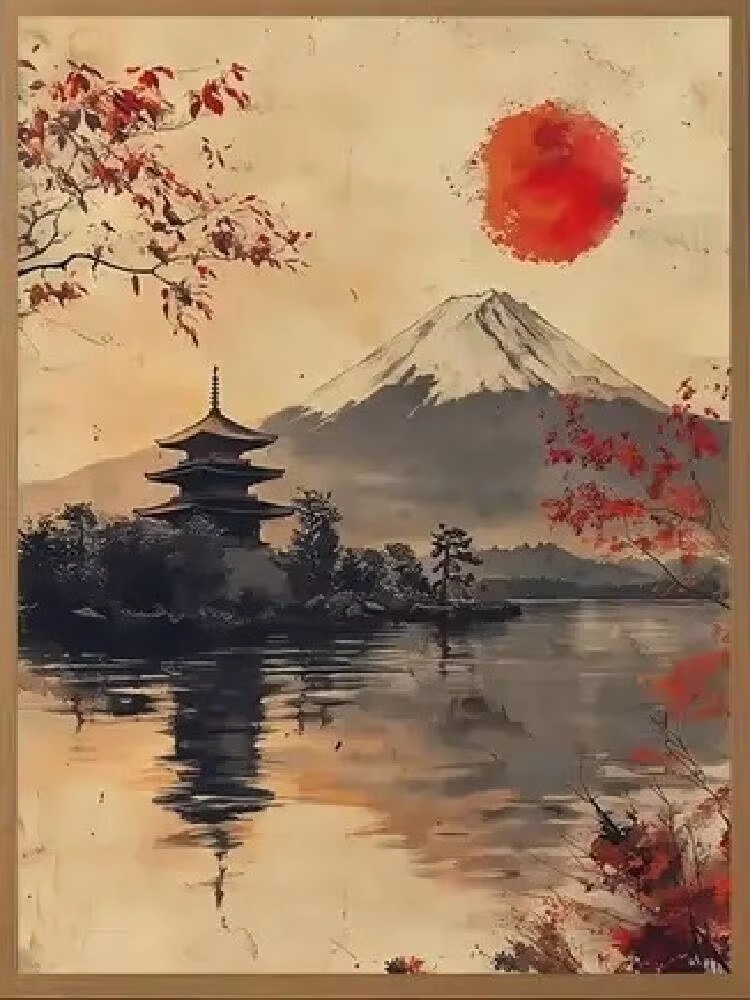 Japanese Lifestyle Game - ภาพวาดสีน้ำมันตามตัวเลข สไตล์ญี่ปุ่น ทิวทัศน์พระอาทิตย์สีแดง งานศิลปะบนผ้าใบ ตกแต่งผนังสำหรับห้องหรือห้องนั่งเล่น ของขวัญแบบไม่มีกรอบ