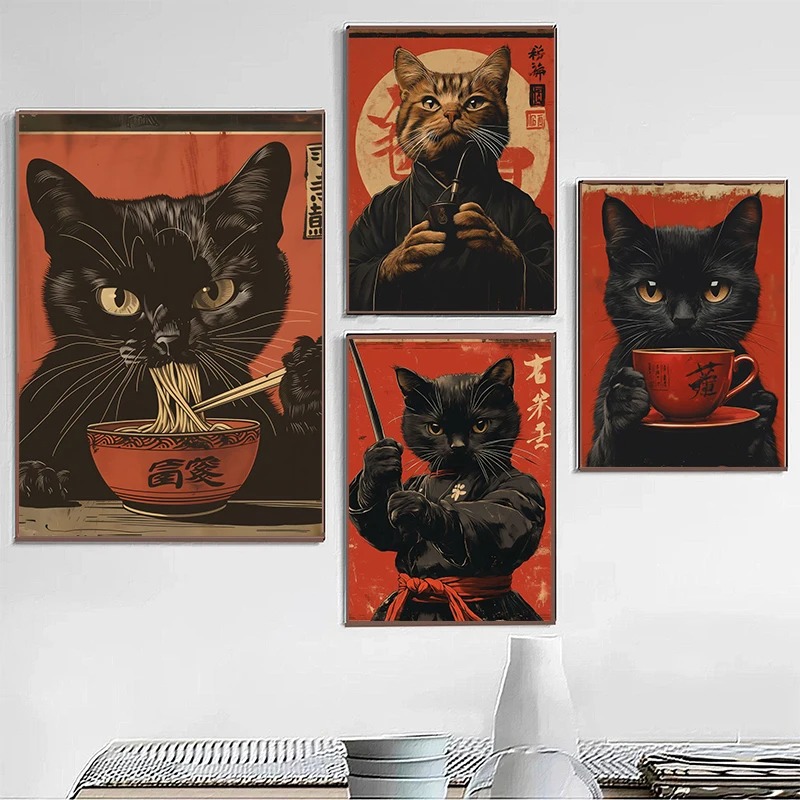 Japanese Lifestyle Home - ญี่ปุ่น Edo สไตล์ Black Cat กินก๋วยเตี๋ยวดื่มชาโปสเตอร์และพิมพ์ผ้าใบพิมพ์ภาพผนังศิลปะสําหรับตกแต่งบ้าน