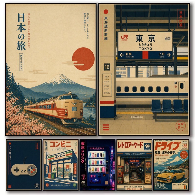 Japanese Lifestyle Game - วินเทจญี่ปุ่นแบบดั้งเดิมร้านค้าสถานีรถไฟเกมอาร์เคดโปสเตอร์ภาพวาดบนผ้าใบภาพศิลปะติดผนังตกแต่งบ้านห้องนอน