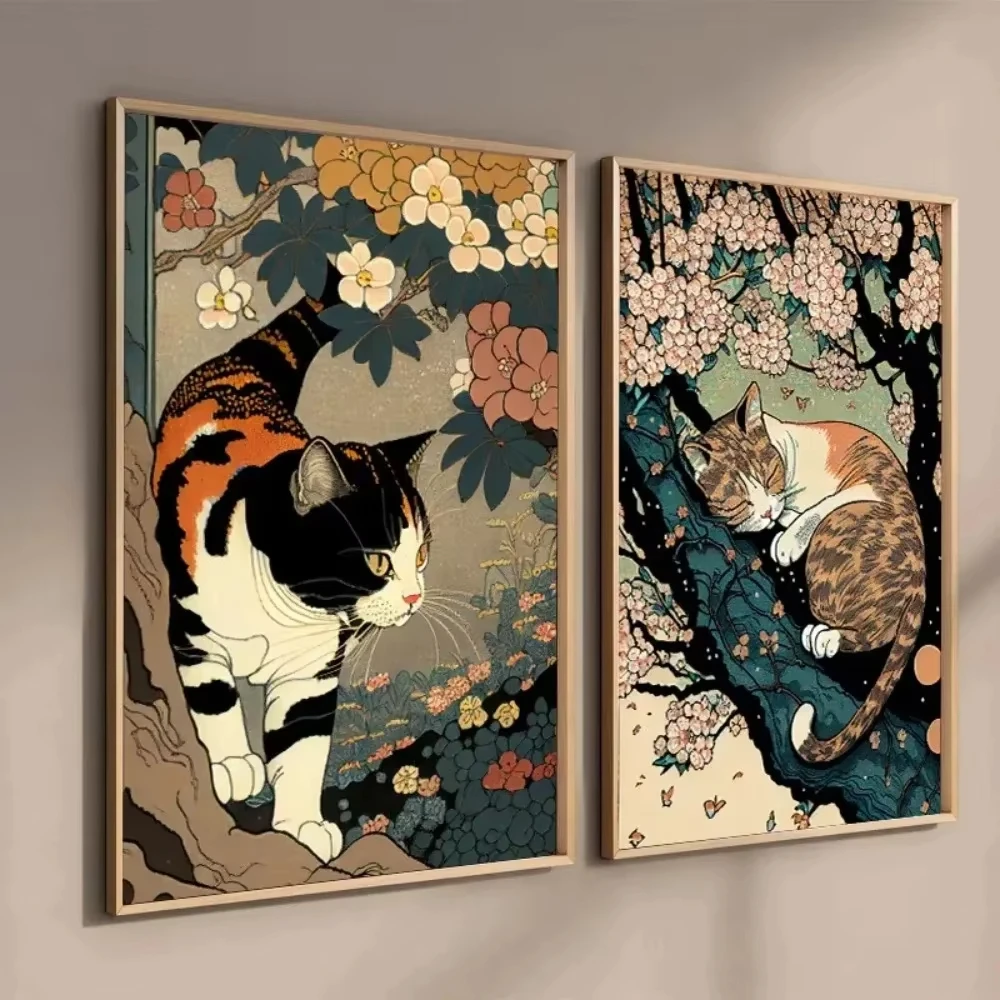 Japanese Lifestyle Game - ภาพวาดสีน้ํามันโดยชุดตัวเลขญี่ปุ่น ukiyo-e สไตล์ retro sleeping cat