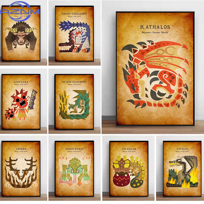 Japanese Lifestyle Game - AZNM เกมญี่ปุ่นภาพวาดแคนวาสวินเทจภาพศิลปะติดผนังโปสเตอร์มอนสเตอร์ฮันเตอร์และภาพพิมพ์สำหรับห้องนั่งเล่นตกแต่งบ้าน